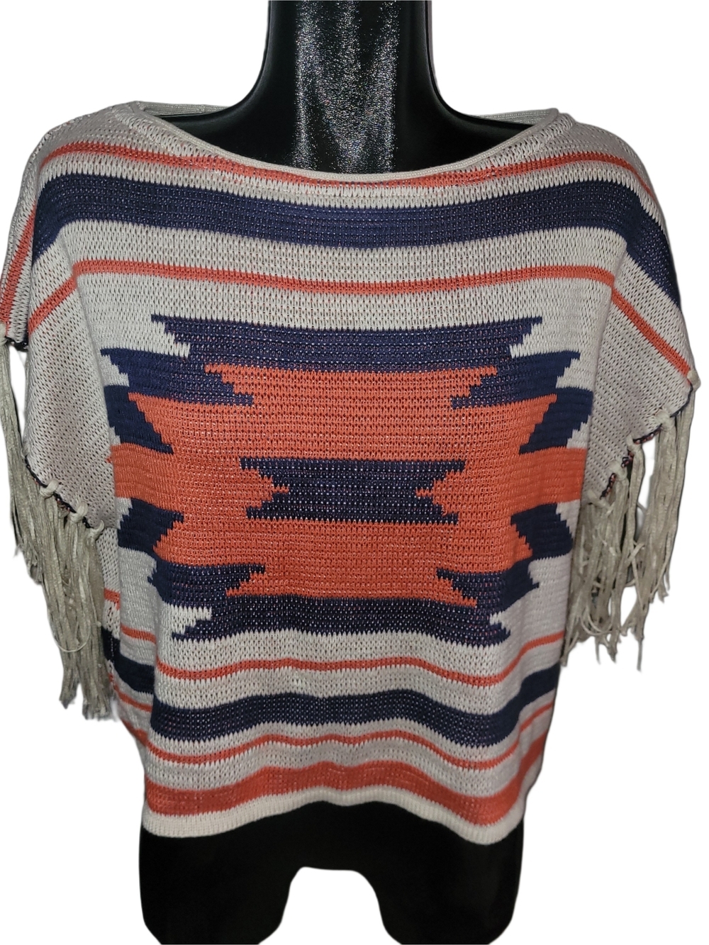 Fringed Aztec Stripe Women's Short Dolman Sleeve Boho Cropped Sweater